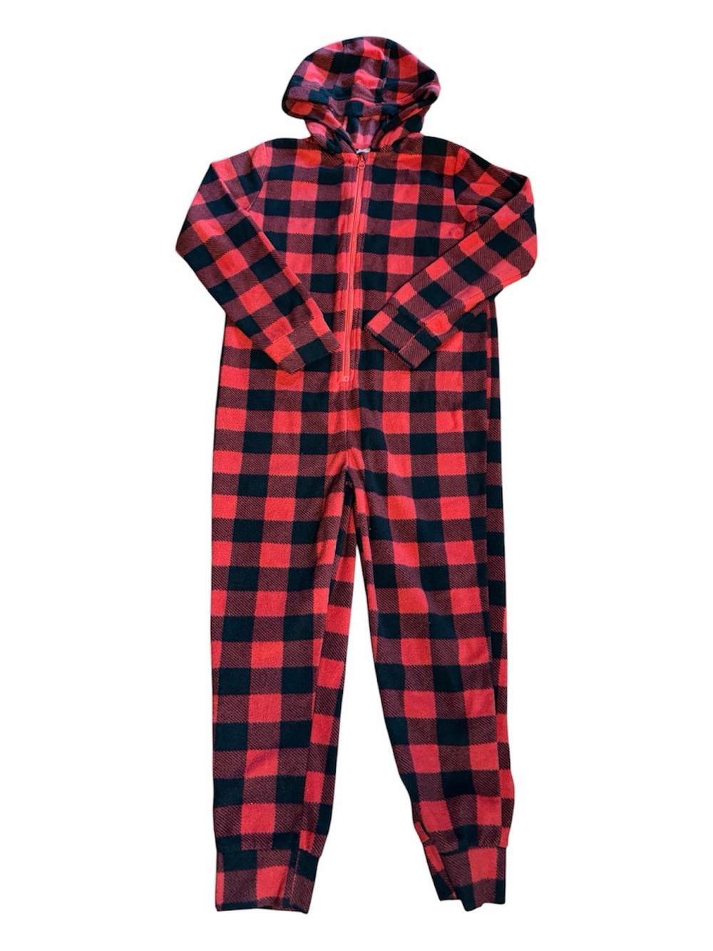 Buffalo Plaid Hooded Fleece One-Piece Pajamas – Kids M (8–10)